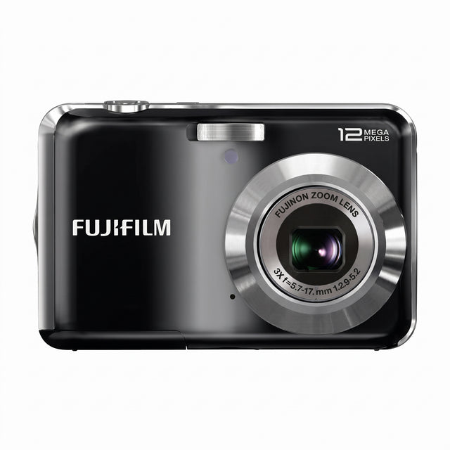 Fujifilm FinePix AV130 digitale compactcamera, zwart, voorkant met 3x Fujinon-zoomlens