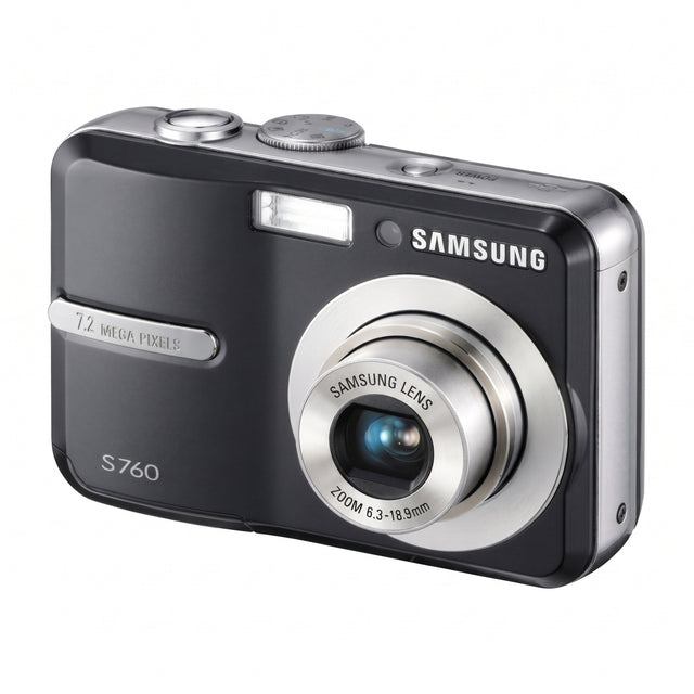 Samsung S760 digitale compactcamera, zwart, schuin van voren met 3x zoomlens en 7.2 megapixel