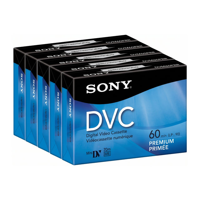 Sony MiniDV Premium DVC 60 minuten (LP 90), 5 cassettes naast elkaar