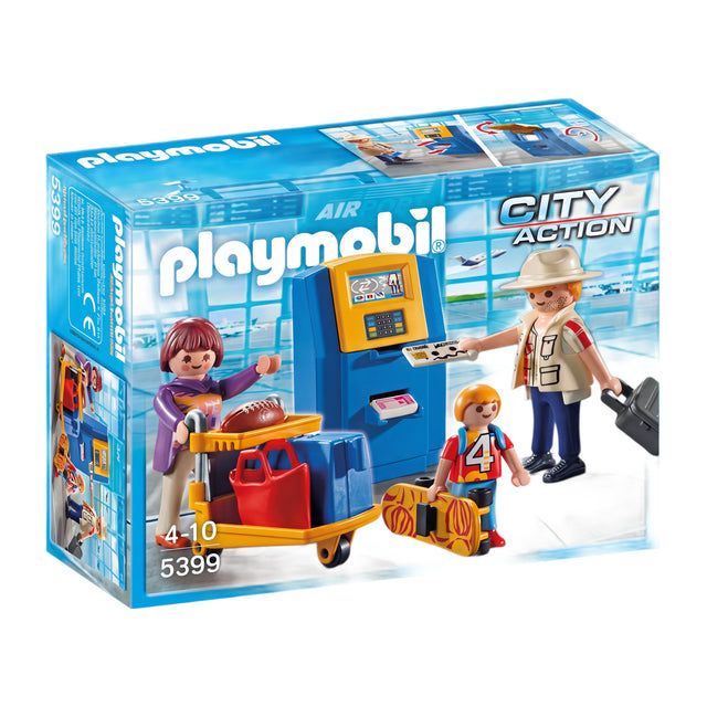 Playmobil Vakantiegangers aan incheckbalie 5399, doos voorkant met het gezin en de incheckautomaat