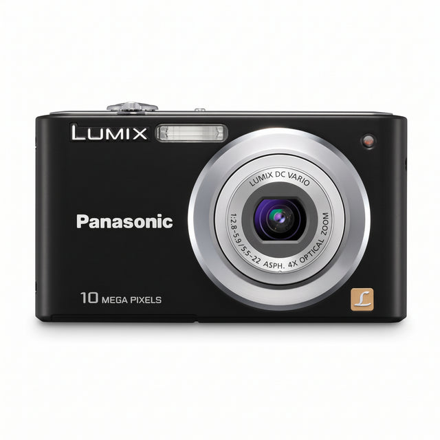 Panasonic Lumix DMC-F2 digitale compactcamera, zwart, voorkant met 4x zoomlens en 10 megapixel, tweedehands