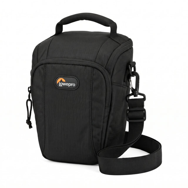 Lowepro Toploader Zoom 45 AW toploader cameratas in zwart, voorkant met handvat, voorvak en schouderriem