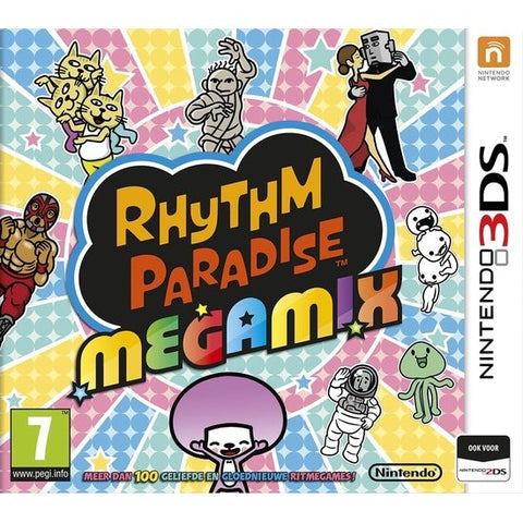Nintendo 3DS Rhythm Paradise Megamix van Nintendo, doos voorkant met vrolijke figuurtjes rond het logo, tweedehands