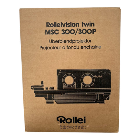 Rollei Rolleivision Twin MSC 300 diaprojector, doos voorkant met een tekening van de projector, nieuw in verpakking