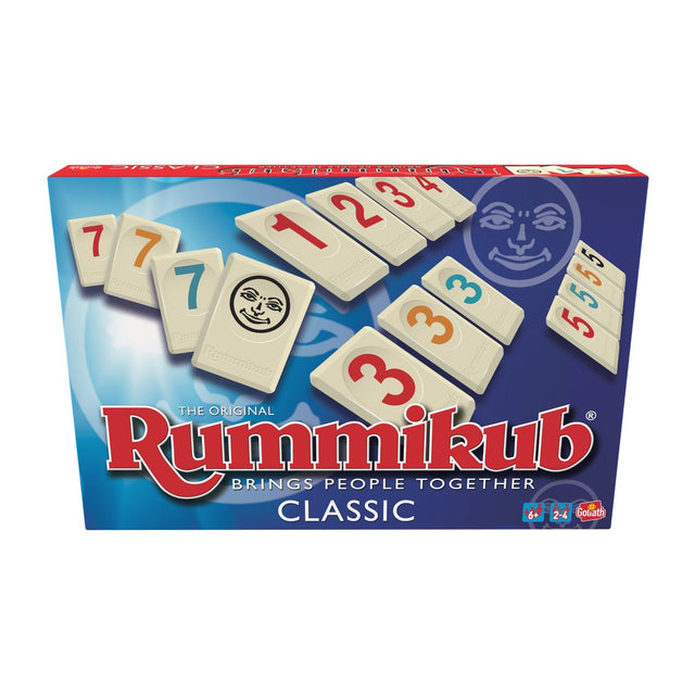 Goliath Rummikub The Original Classic bordspel, blauwe doos voorkant met genummerde stenen