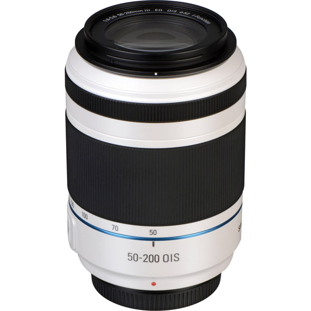 Samsung 50-200mm f/4-5.6 ED OIS III i-Function lens, wit, rechtop staand met zoomschaal 50 tot 200, tweedehands