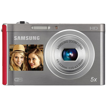 Samsung DV300F digitale compactcamera, rood-zilver, voorkant met selfiescherm en 5x zoomlens, tweedehands