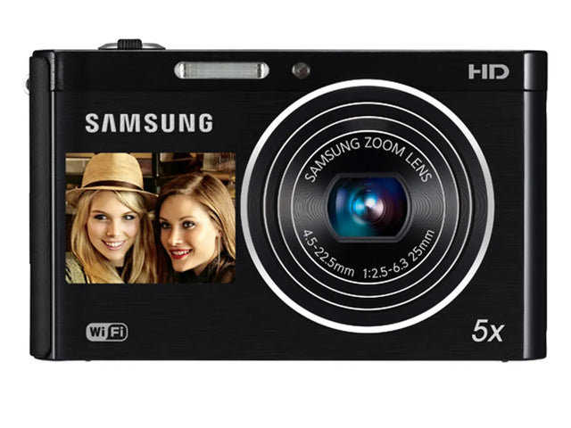 Samsung DV300F digitale compactcamera, zwart, voorkant met selfiescherm en 5x zoomlens, tweedehands