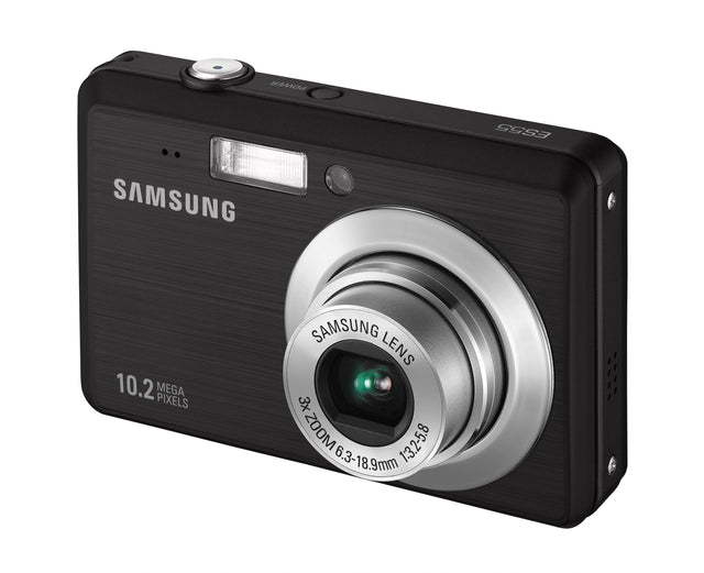 Samsung ES55 digitale compactcamera, zwart, voorkant schuin met 3x zoomlens, tweedehands