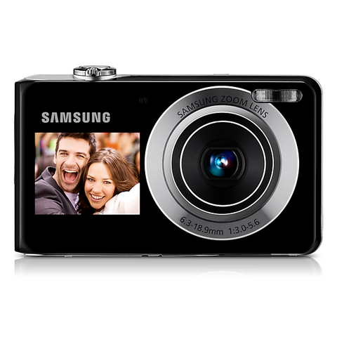 Samsung PL100 digitale compactcamera, zwart, voorkant met selfie-scherm naast de zoomlens, tweedehands