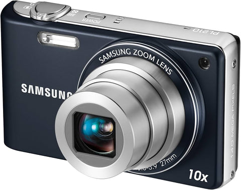 Samsung PL210 digitale compactcamera, blauw, schuin van voren met uitgeschoven 10x zoomlens, tweedehands