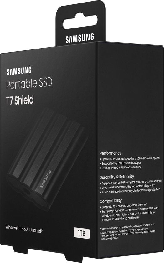 Samsung-Portable T7 Shield - Externe SSD - USB C 3.2 - Inclusief USB C en USB A kabel - Geschikt voor iPhone 15 - 1 TB - Zwart (Nieuw)