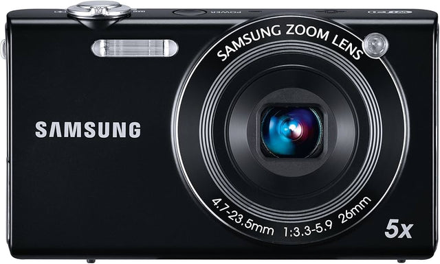Samsung SH100 digitale compactcamera, zwart, voorkant met 5x Samsung-zoomlens, tweedehands