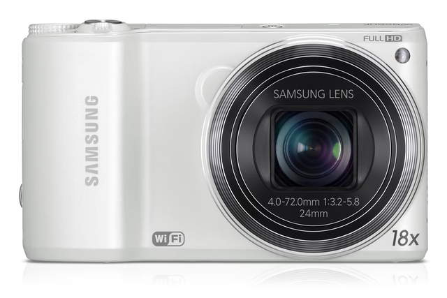 Samsung WB250F digitale compactcamera, wit, voorkant met 18x zoomlens, tweedehands