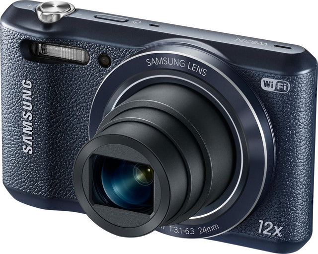 Samsung WB35F digitale compactcamera, blauw, schuin van voren met 12x zoomlens