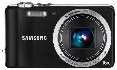 Samsung WB600 digitale compactcamera, zwart, voorkant met Schneider-Kreuznach-lens en 15x zoom