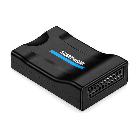 Zwarte Scart naar HDMI converter met scart-ingang, op witte achtergrond