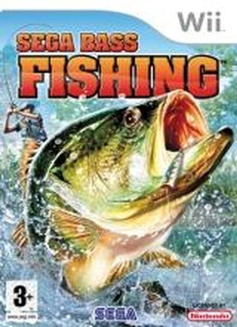 Nintendo Wii SEGA Bass Fishing, visspel, doos voorkant met springende baars, tweedehands