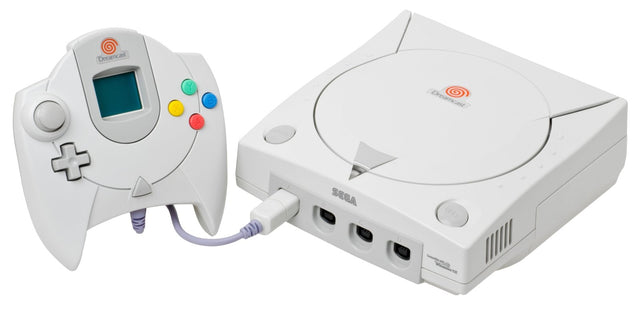 SEGA Dreamcast console, wit, voorkant, met een controller ernaast, tweedehands