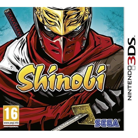 Nintendo 3DS Shinobi van Sega, doos voorkant met een ninja met rood masker en zwaard, tweedehands