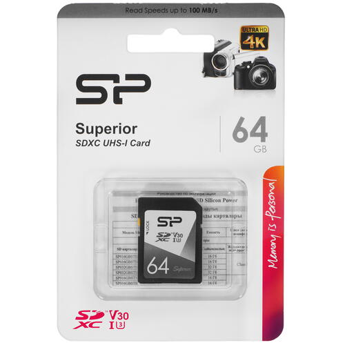 Silicon Power-UHS-1 U3 V30 Superior SDXC Memory Card - 64GB (Nieuw)