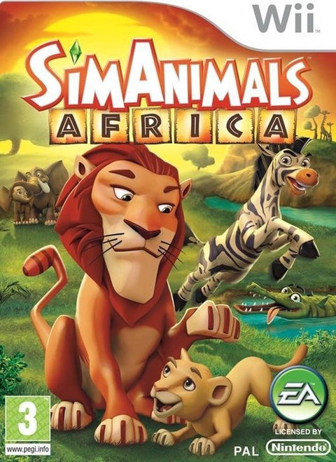 Nintendo Wii SimAnimals Africa van EA, doos voorkant met leeuw, welp en zebra, tweedehands