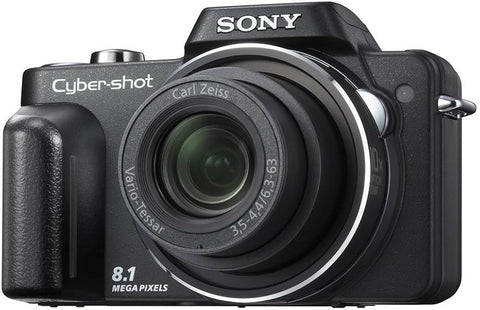 Sony Cyber-shot DSC-H10 digitale compactcamera, zwart, voorkant met Carl Zeiss-lens en 8.1 megapixel, tweedehands