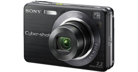 Sony Cyber-shot DSC-W120 digitale compactcamera, zwart, voorkant schuin met Carl Zeiss-lens en 7.2 megapixel