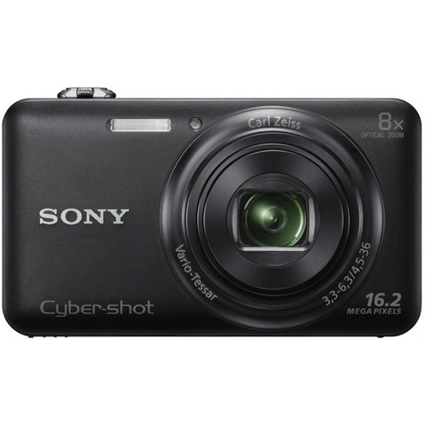 Sony Cyber-shot DSC-WX80 digitale compactcamera, zwart, voorkant met 8x Carl Zeiss-zoomlens
