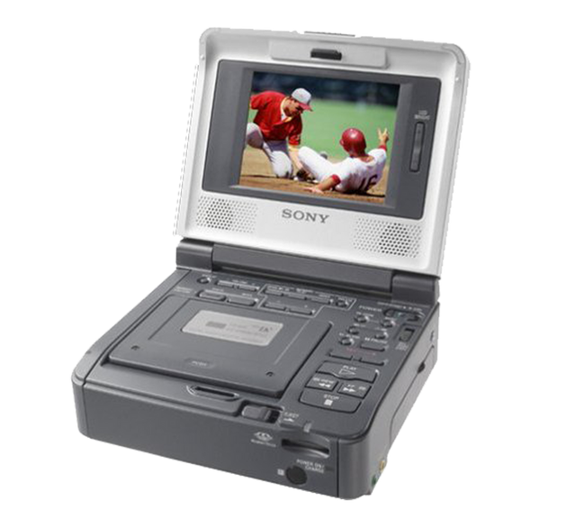 Sony GVD-1000E PAL MiniDV Video Walkman met 4 inch lcd-scherm, opengeklapt met beeld op het scherm, tweedehands