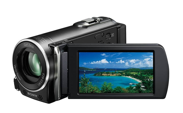 Sony Handycam HDR-CX155E digitale videocamera, zwart, voorkant schuin met uitgeklapt scherm, tweedehands