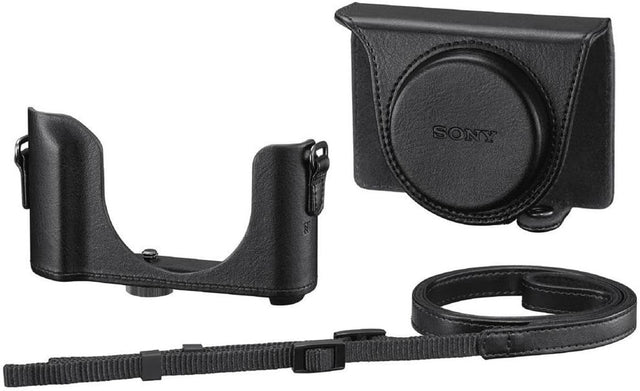 Sony LCJ-HWA hoes voor Cyber-shot HX90 en WX500, zwart, twee delen van de hoes naast de schouderriem