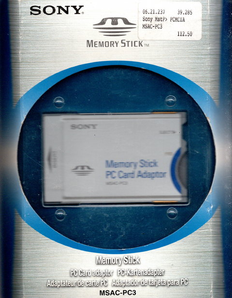 Sony Memory Stick PC card adapter MSAC-PC3, blisterverpakking voorkant, nieuw in verpakking