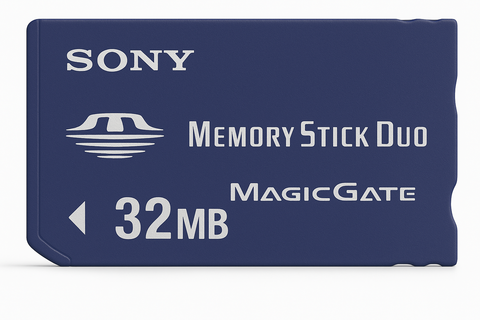 Sony Memory Stick Duo 32MB, blauw, voorkant met opschrift MagicGate, tweedehands
