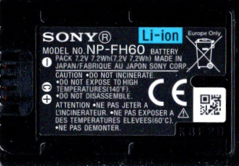 Sony NP-FH60 accu, close-up van het etiket met opschrift Model No. NP-FH60 Battery Pack 7.2V, tweedehands