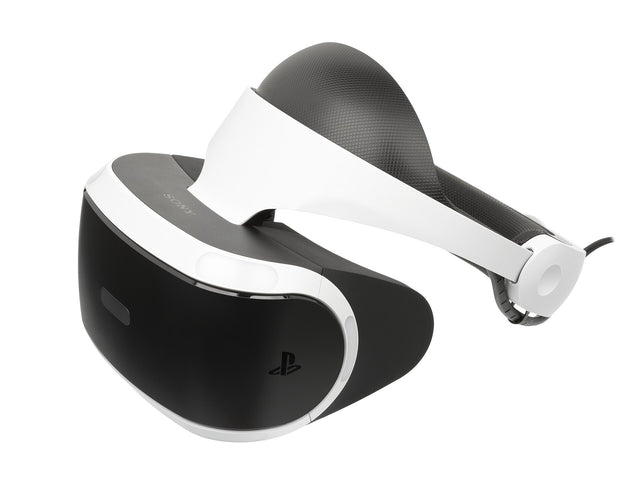 Sony PlayStation 4 VR v1 headset, wit met zwart, bovenaanzicht met aangesloten kabel, tweedehands