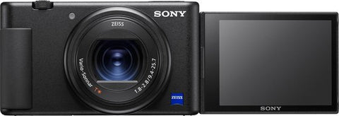Sony ZV-1 digitale vlogcamera, zwart, voorkant met Zeiss-lens en opengeklapt scherm, tweedehands