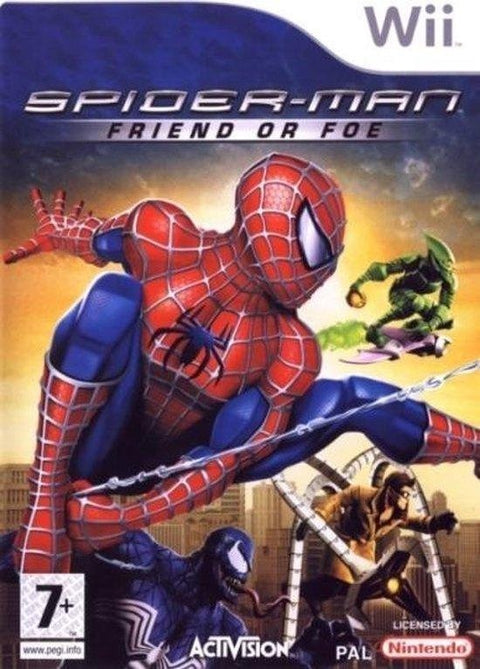 Nintendo Wii Spider-Man Friend or Foe van Activision, doos voorkant met Spider-Man, Green Goblin en Venom, tweedehands