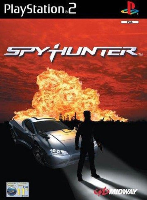 PlayStation 2 SpyHunter van Midway, doos voorkant met een agent naast een zilveren auto en een explosie, tweedehands