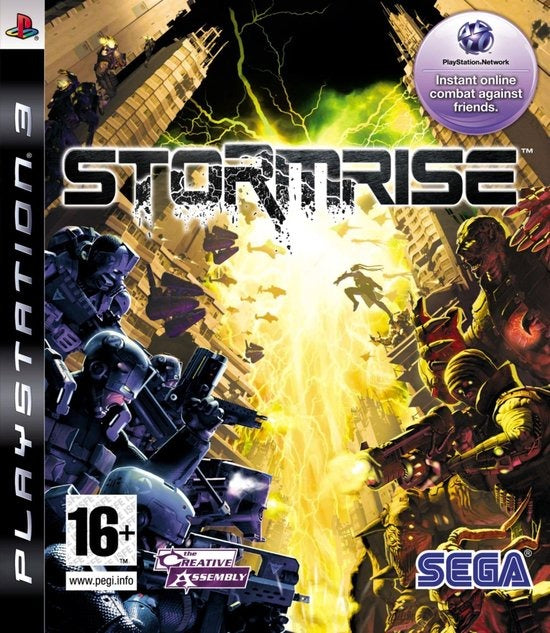 PlayStation 3 Stormrise van Sega, doos voorkant met strijdende robots en een lichtzuil tussen torens, tweedehands