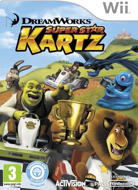 Nintendo Wii DreamWorks Super Star Kartz, racespel, doos voorkant met Shrek en Alex, compleet Nederlandstalig, tweedehands