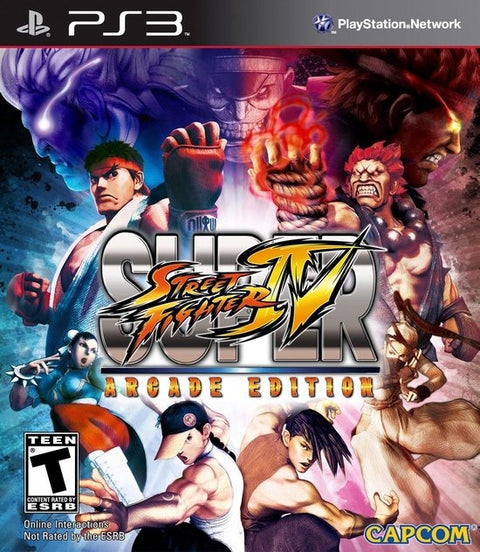 PlayStation 3 Super Street Fighter IV Arcade Edition van Capcom, doos voorkant met vechters, Amerikaanse ESRB-uitgave