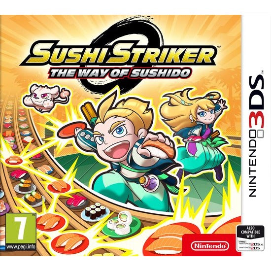 Nintendo 3DS Sushi Striker The Way of Sushido van Nintendo, doos voorkant met sushibordjes op een lopende band, tweedehands