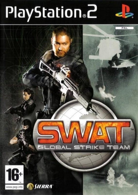 PlayStation 2 SWAT Global Strike Team van Sierra, doos voorkant met gewapende agenten en een helikopter, tweedehands