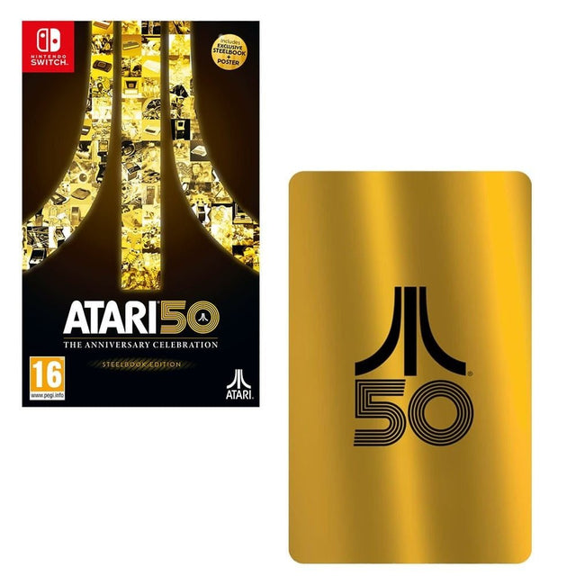 Nintendo Switch Atari 50 The Anniversary Celebration Steelbook Edition, doos voorkant en goudkleurig steelbook