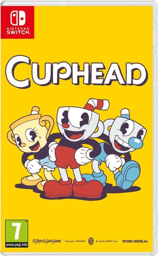 Nintendo Switch Cuphead, gele doos voorkant met Cuphead, Mugman en Ms. Chalice