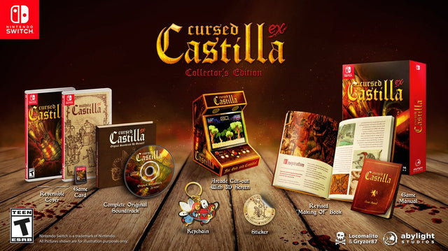 Nintendo Switch Cursed Castilla EX, uitgeversafbeelding van de Collector's Edition met doos en extra's