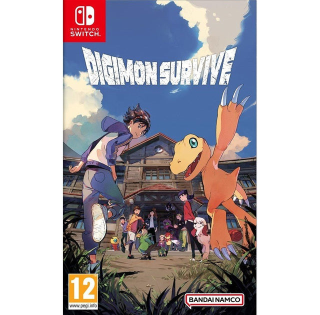 Nintendo Switch Digimon Survive van Bandai Namco, doos voorkant met Takuma en Agumon voor een oud gebouw