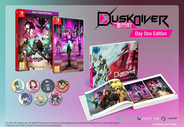 Nintendo Switch Dusk Diver Day One Edition, voorlopige uitgeversafbeelding met hoes, doos, buttons en artbook