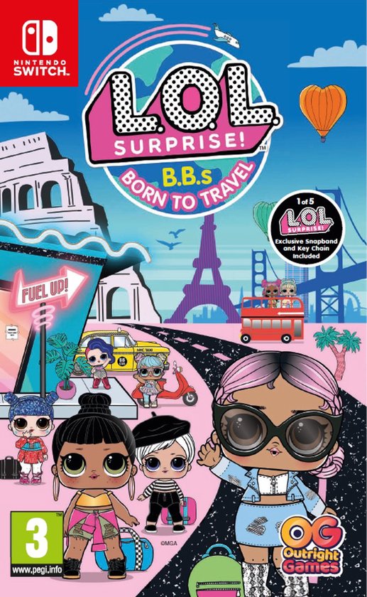 Nintendo Switch L.O.L. Surprise B.B.s Born to Travel, doos voorkant met vermelding snapband en sleutelhanger, tweedehands